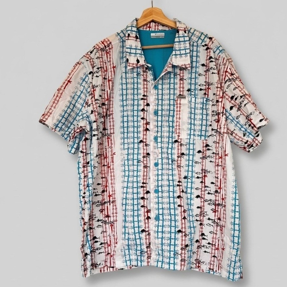 Columbia PFG Short Sleeve Button Down Shirt Teal Red Fish Print Gorpcore XXL